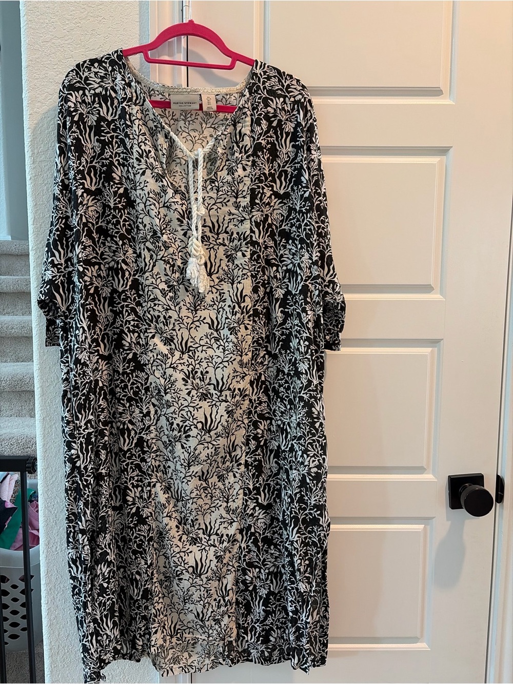 Martha Stewart Black & White Floral Maxi Dress with Tassel Neck